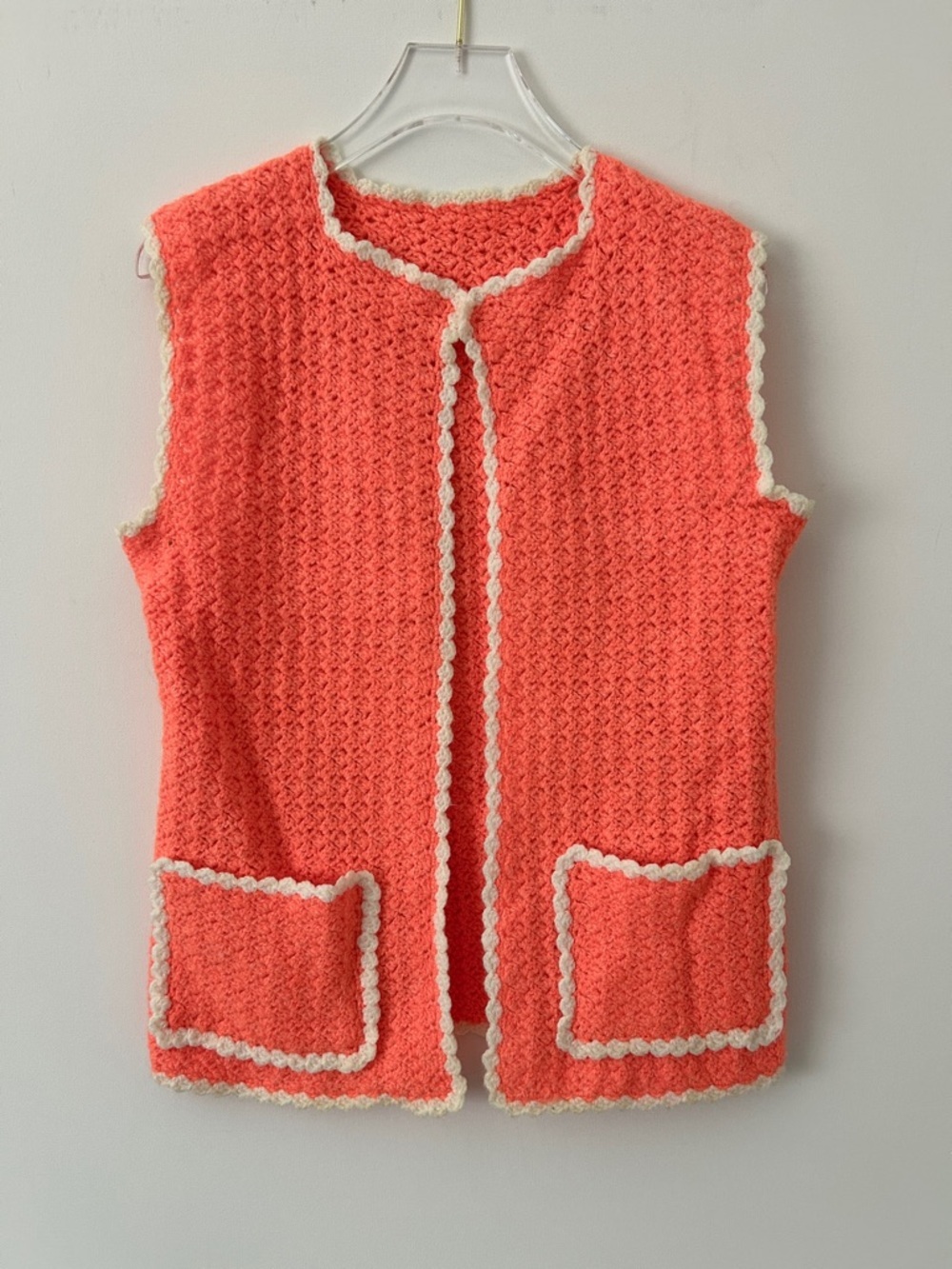 Vintage 70's Hand Knit Vest Cottagecore Sweater Coral Orange Festival Size Small